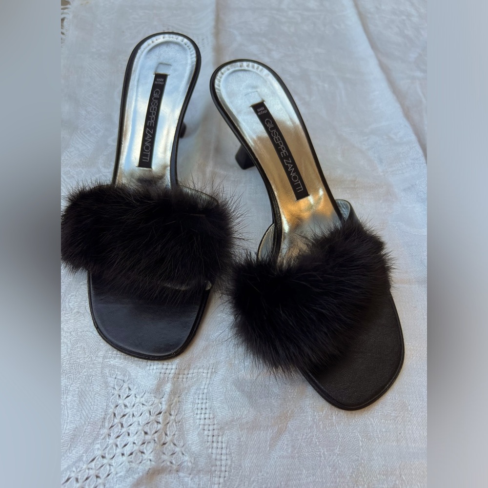 Giuseppe Zanotti fur trimmed black kitten heel sandal.